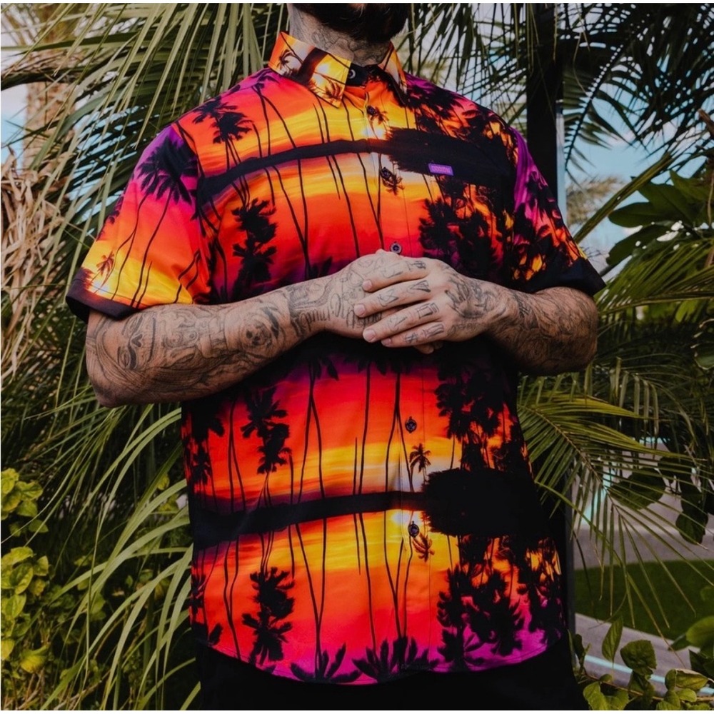 Dixxon Maui Nights Shirt Mens 2X Orange Black Tropical Sunset Palm D-Lite Resort
